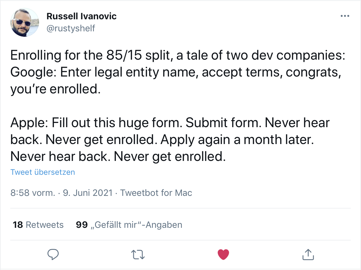 Image of Russell&rsquo;s original tweet expressing frustrations about Apple&rsquo;s Small Business Program