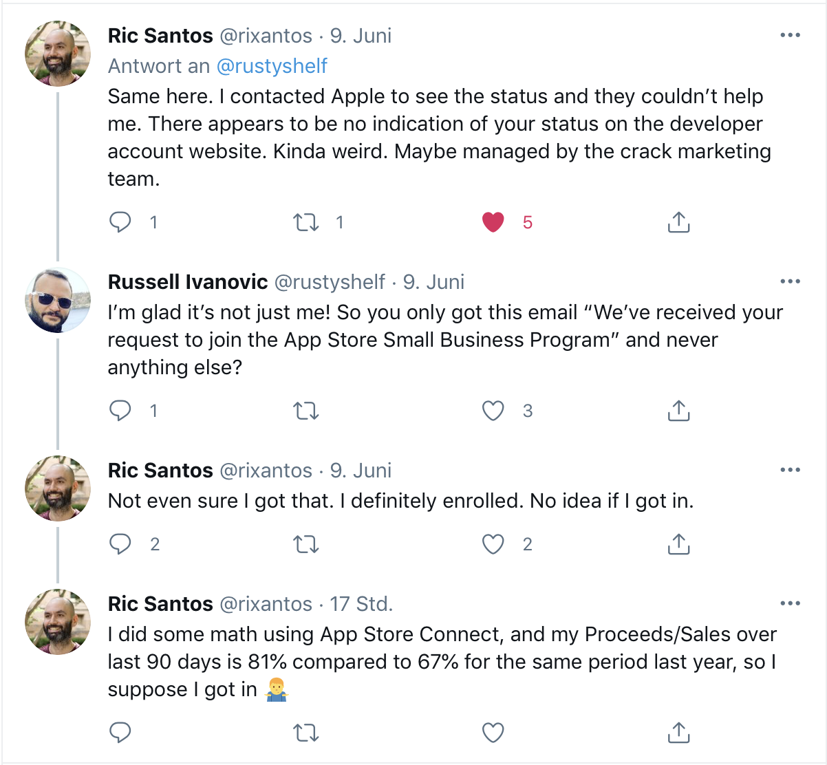 Image of a reply to Russell&rsquo;s tweet expressing frustations about Apple&rsquo;s Small Business Program